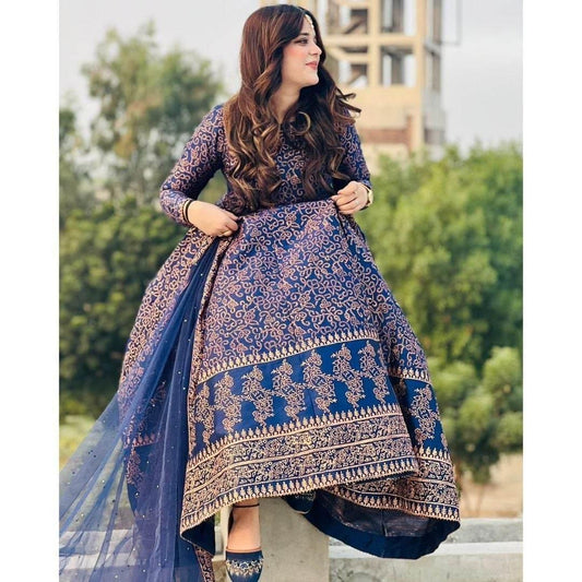 Navy Blue Katan Silk Maxi Suit 3 Piece in Pakistan – Block Printed Wedding & Party Wear Dress