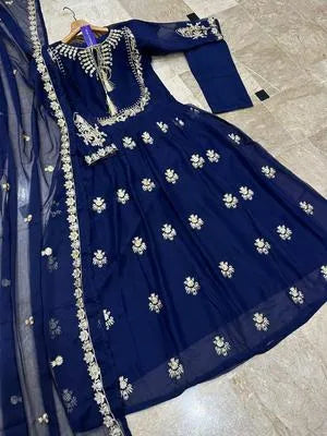 Blue Organza Embroidered Maxi Suit 3 Piece in Pakistan – Wedding & Party Wear Dress with Dupatta