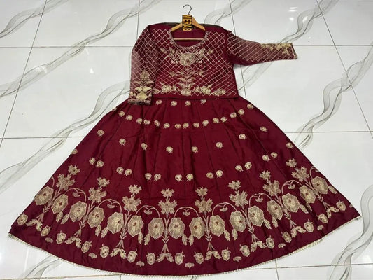 Maroon Embroidered Shamoz Silk Maxi Suit for Women in Pakistan – Elegant Wedding & Party Wear Dress