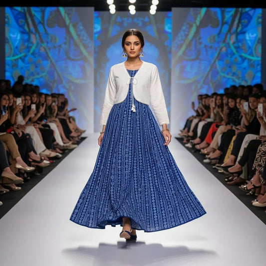 Blue Linen Maxi Skirt & Jacket Set 2 Piece in Pakistan – Eid & Ramadan Festive Wear Dress
