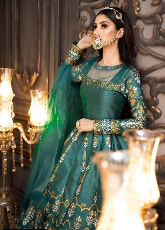 Green Silk Embroidered Maxi Suit 3 Piece in Pakistan – Wedding & Party Wear Dress for Women