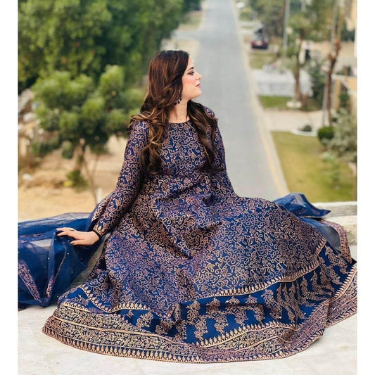 Navy Blue Katan Silk Maxi Suit 3 Piece in Pakistan – Block Printed Wedding & Party Wear Dress