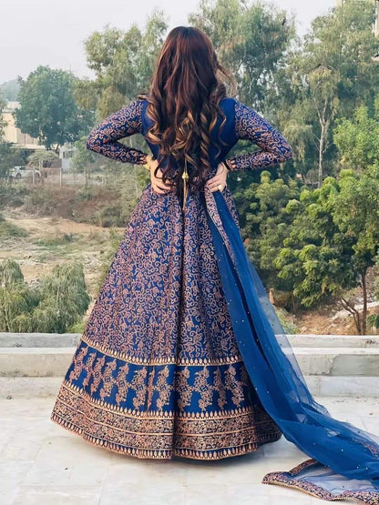 Navy Blue Katan Silk Maxi Suit 3 Piece in Pakistan – Block Printed Wedding & Party Wear Dress