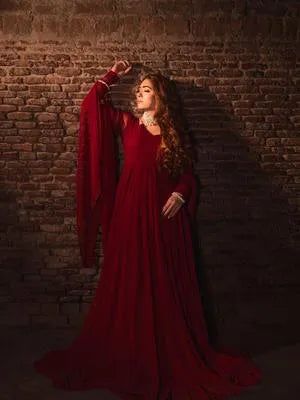 Red Bamber Chiffon Maxi Suit for Women in Pakistan – Elegant Wedding, Party & Formal Wear 3 Piece Dress