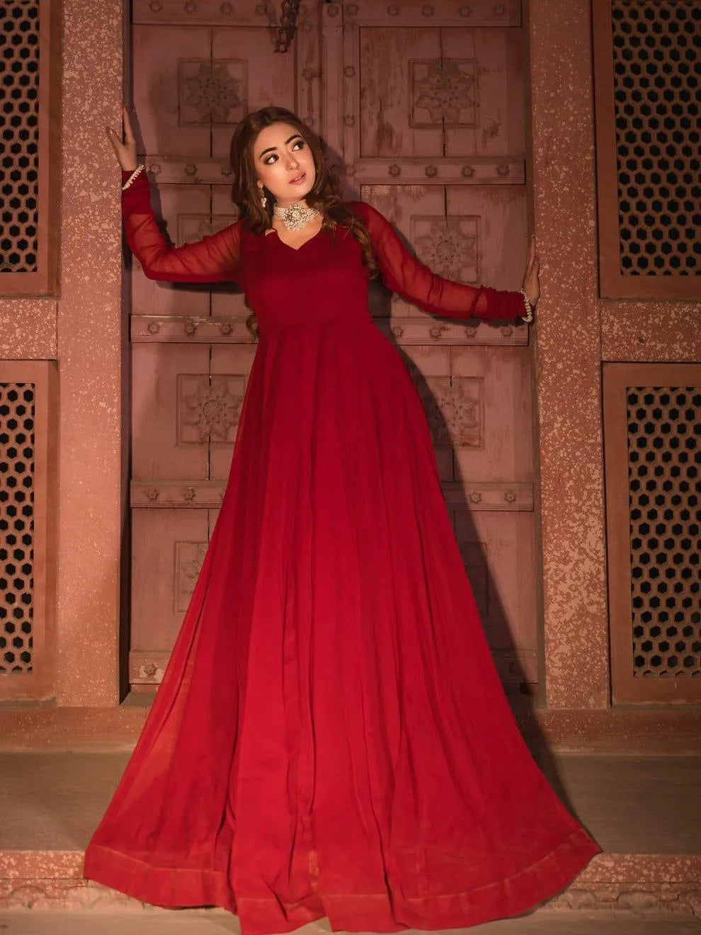 Red Bamber Chiffon Maxi Suit for Women in Pakistan – Elegant Wedding, Party & Formal Wear 3 Piece Dress