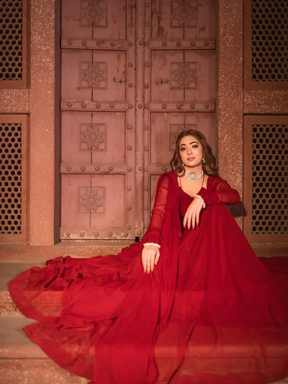 Red Bamber Chiffon Maxi Suit for Women in Pakistan – Elegant Wedding, Party & Formal Wear 3 Piece Dress