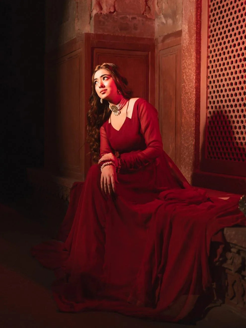 Red Bamber Chiffon Maxi Suit for Women in Pakistan – Elegant Wedding, Party & Formal Wear 3 Piece Dress