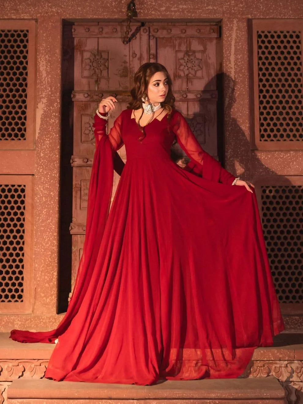 Red Bamber Chiffon Maxi Suit for Women in Pakistan – Elegant Wedding, Party & Formal Wear 3 Piece Dress