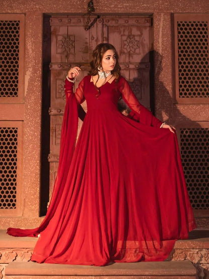 Red Bamber Chiffon Maxi Suit for Women in Pakistan – Elegant Wedding, Party & Formal Wear 3 Piece Dress