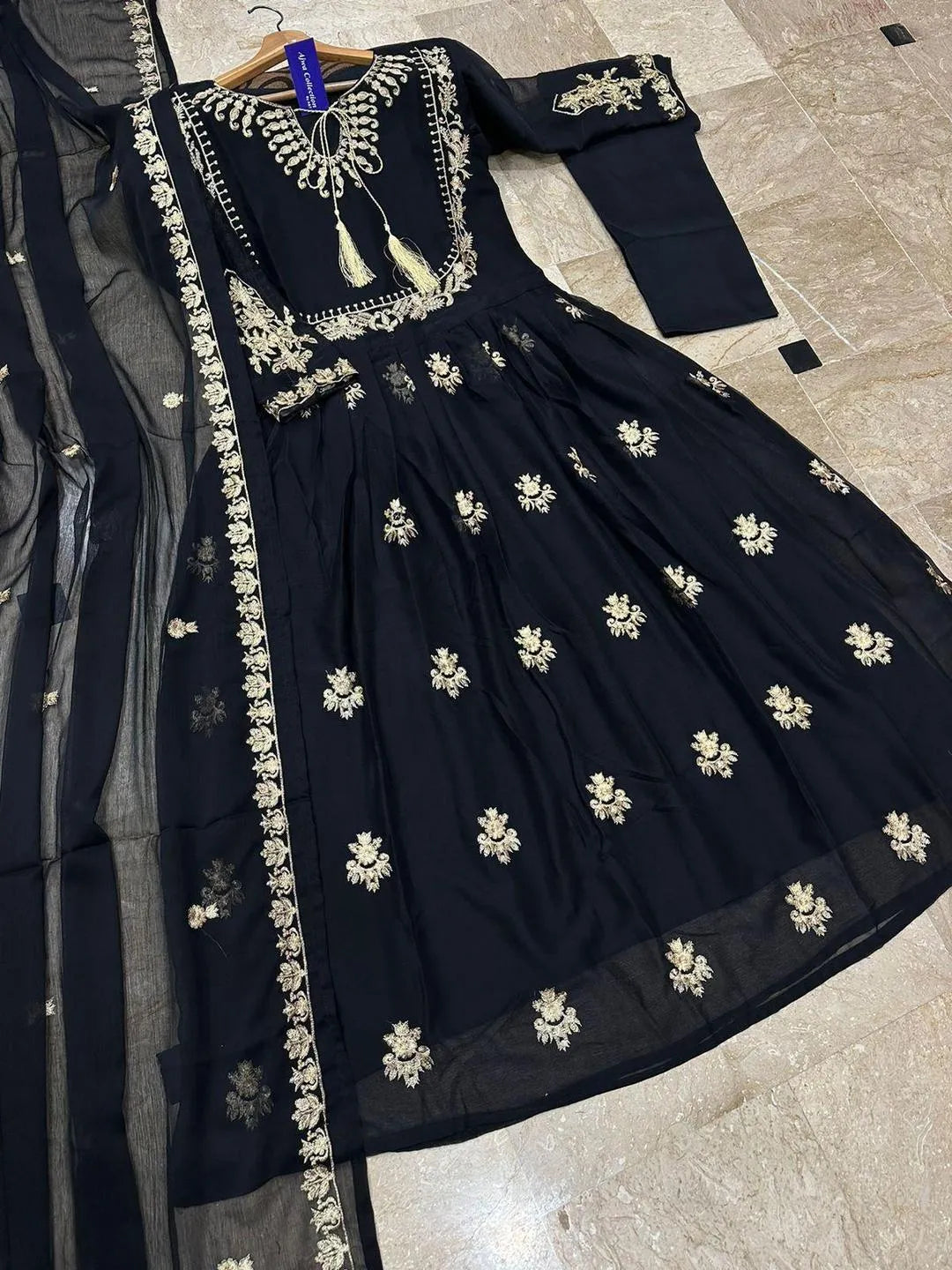 Black Organza Embroidered Maxi Suit 3 Piece in Pakistan – Wedding & Party Wear Dress with Dupatta