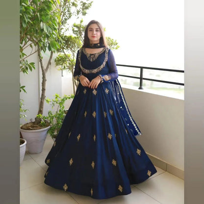 Blue Organza Embroidered Maxi Suit 3 Piece in Pakistan – Wedding & Party Wear Dress with Dupatta