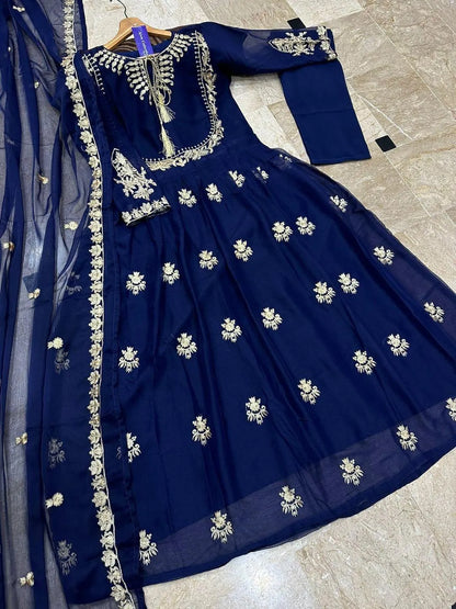 Blue Organza Embroidered Maxi Suit 3 Piece in Pakistan – Wedding & Party Wear Dress with Dupatta