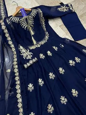 Blue Organza Embroidered Maxi Suit 3 Piece in Pakistan – Wedding & Party Wear Dress with Dupatta