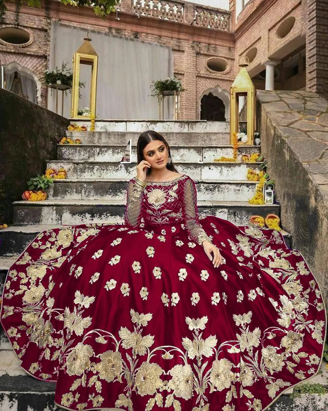 Maroon Embroidered Shamoz Silk Maxi Suit for Women in Pakistan – Elegant Wedding & Party Wear Dress