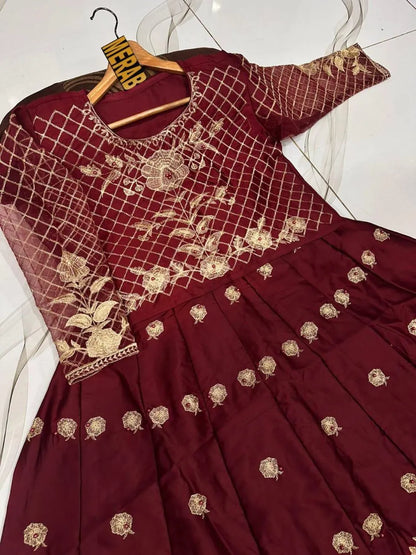 Maroon Embroidered Shamoz Silk Maxi Suit for Women in Pakistan – Elegant Wedding & Party Wear Dress