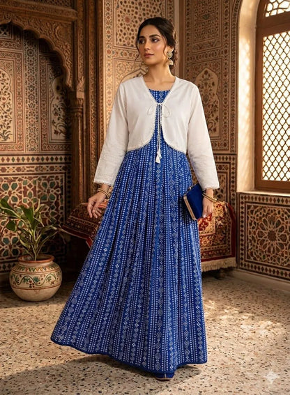 Blue Linen Maxi Skirt & Jacket Set 2 Piece in Pakistan – Eid & Ramadan Festive Wear Dress