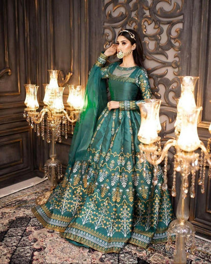 Green Silk Embroidered Maxi Suit 3 Piece in Pakistan – Wedding & Party Wear Dress for Women