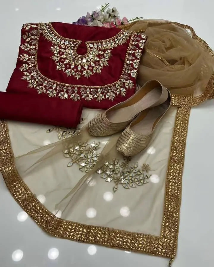 Maroon Katan Silk 3 Piece Unstitched Suit with Mirror Work & Khussa – Elegant Wedding & Festive Wear for Women in Pakistan