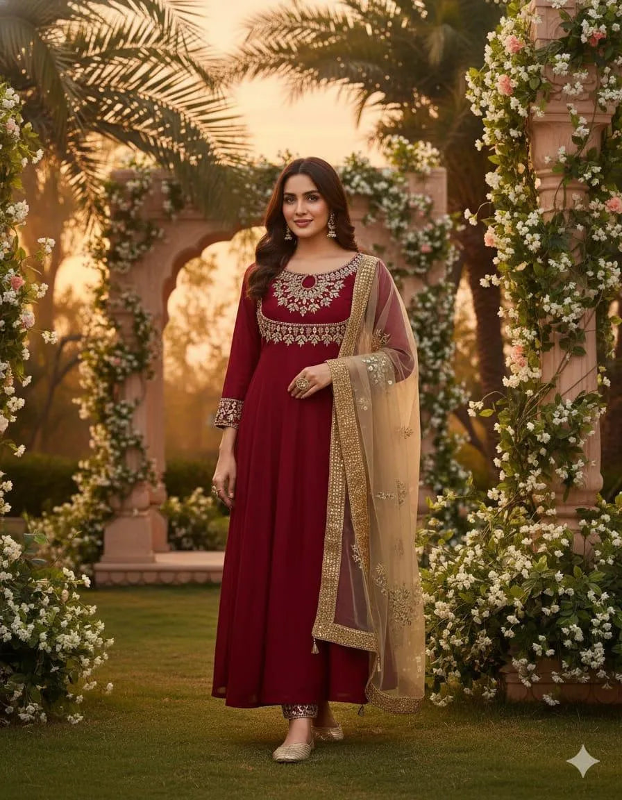 Maroon Katan Silk 3 Piece Unstitched Suit with Mirror Work & Khussa – Elegant Wedding & Festive Wear for Women in Pakistan